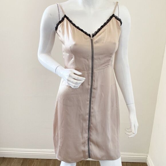 Reformation Katherine Exposed Zipper Front Slip Dress Champagne Black Lace Trim - Picture 2 of 4